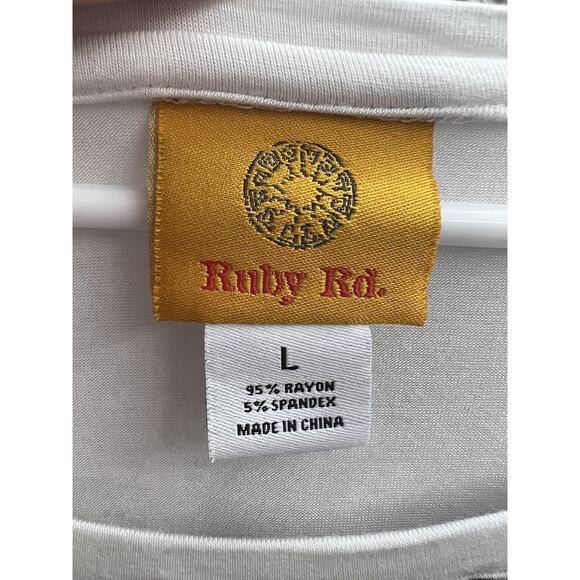 Womens Ruby Rd White Floral Beaded Neckline Ruched Side Short Sleeve Shirt Large - Picture 5 of 11